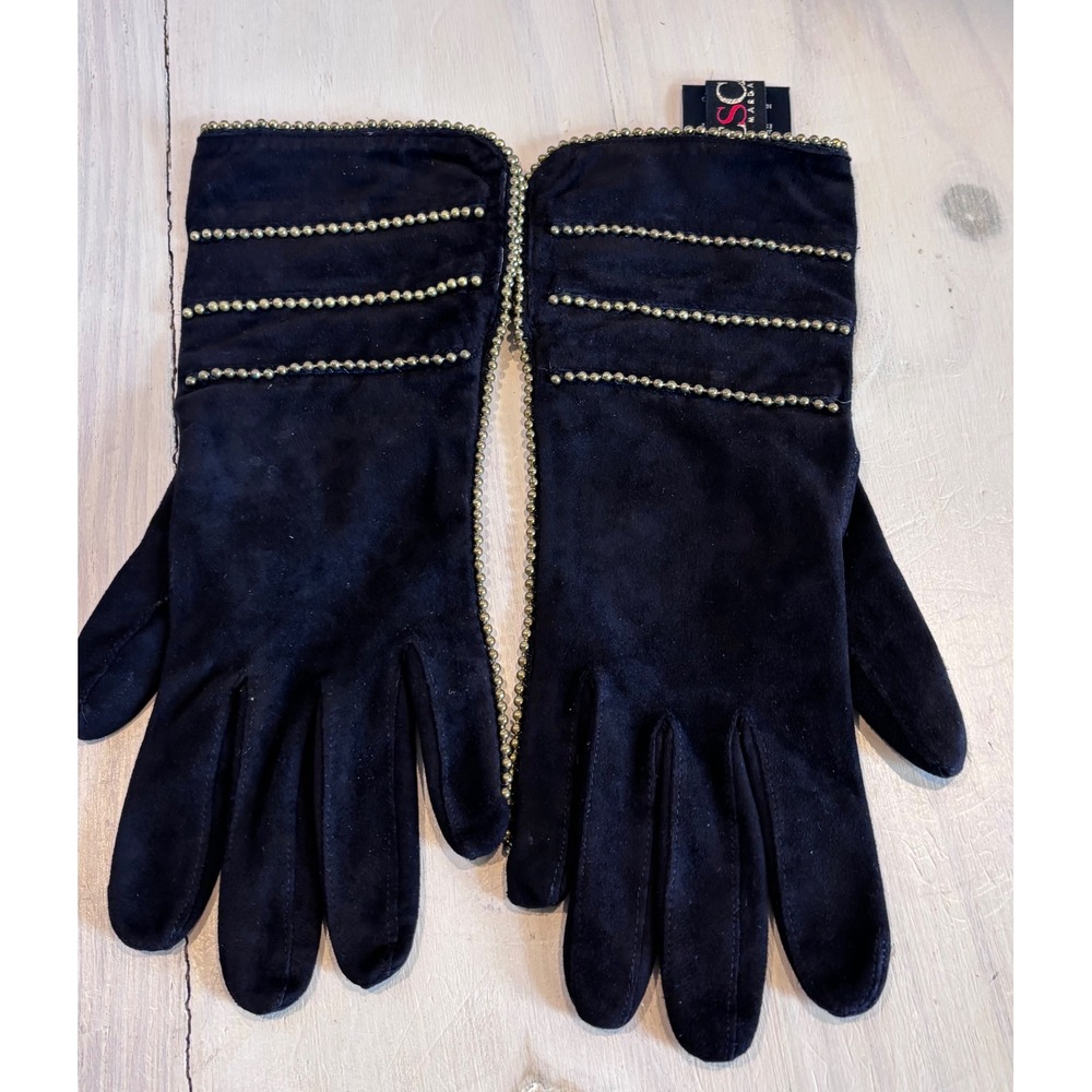 Escada Margaretha Ley Vintage Black Suede Gold Beaded Evening Gloves W. Germany